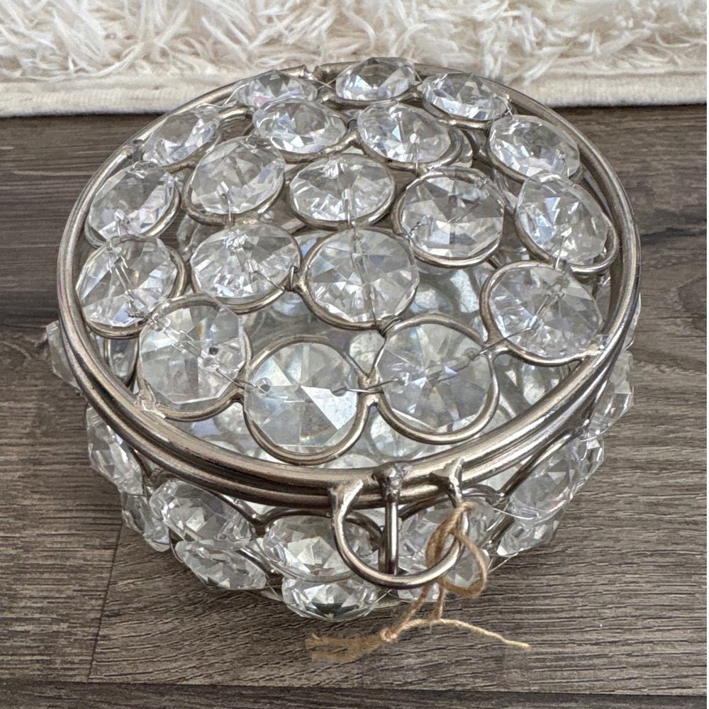 Vintage Crystal Rhinestone Trinket‎ Box Jewelry Storage Mirrored Interior Silver